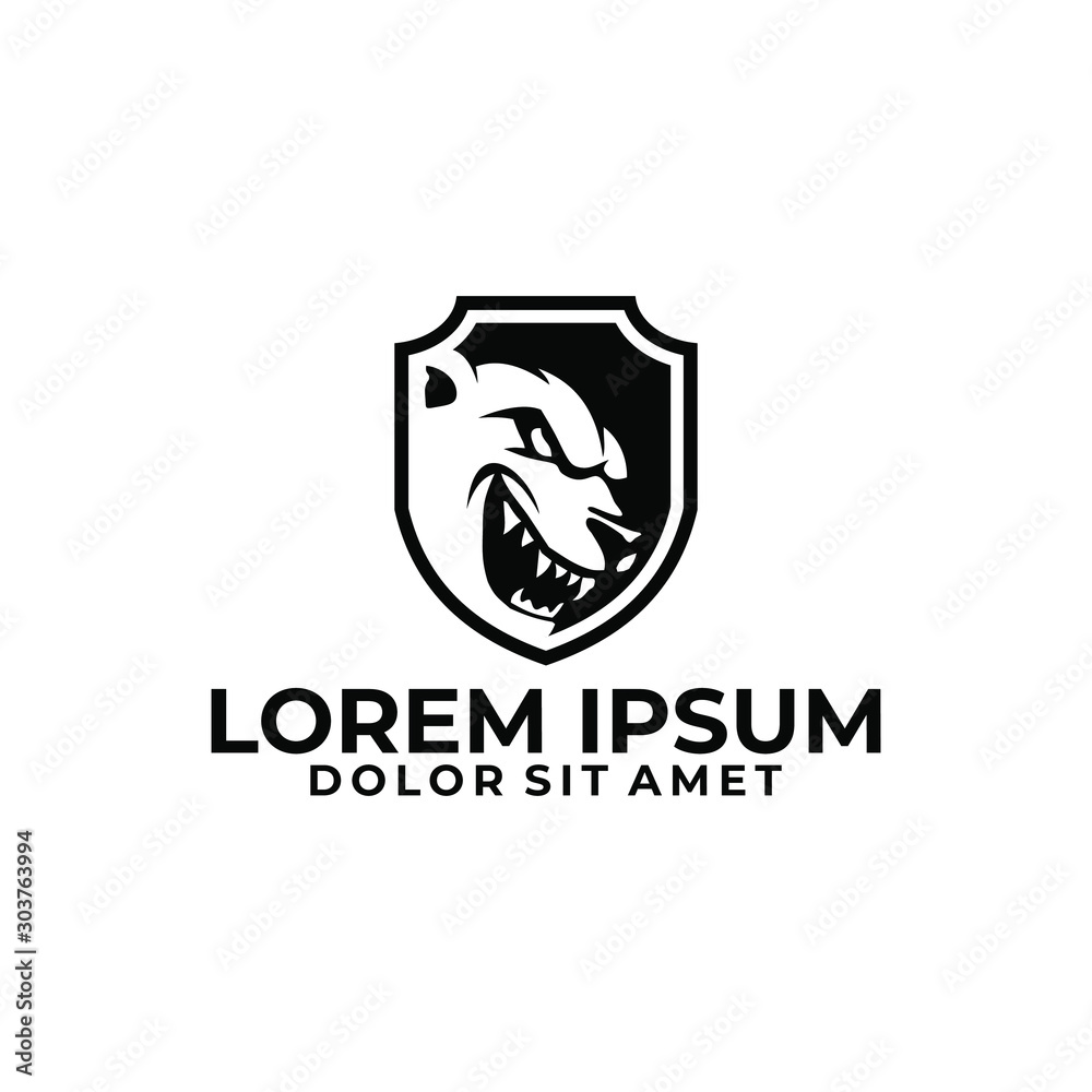 Angry grizzly bear head or beast with shield logo template isolated in white background in flat design illustration