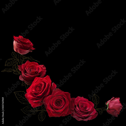 Red roses with golden glitter leaves isolated on black background. Floral arrangement, bouquet of garden flowers. Can be used for invitation, greeting, wedding card.