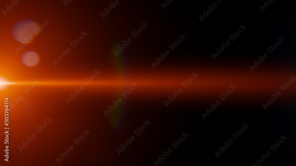 abstract orange lens flare effect overlay texture with bokeh effect and light streak in front of a black background