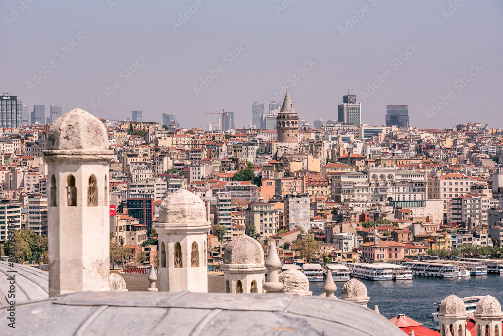 Cityscape of Istanbul at Golden Horn. Panorama of the old town with Galata tower in Karakoy District, Turkey. Touristic Destination in Europe.