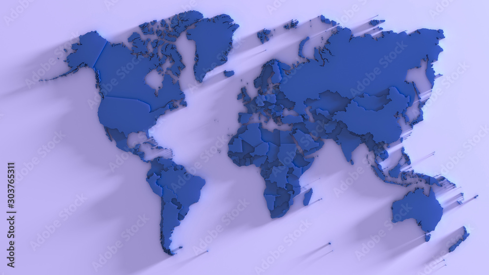 World map. Blue continents.  3d rendering