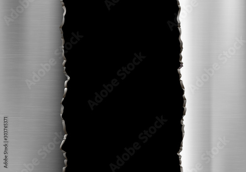 Metal silver torn plate with a black hole.