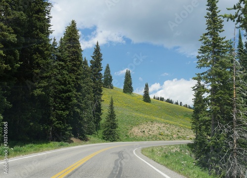 Scenic winding road around Yellowstone National Park, Wyoming.