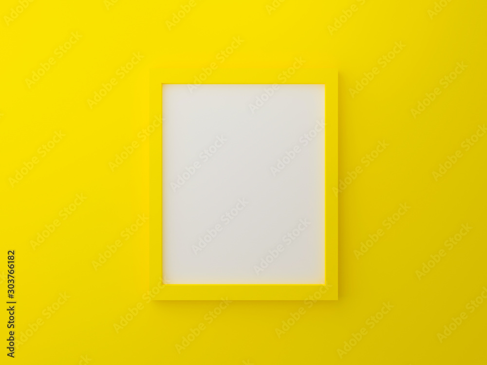 Yellow blank photo frame template on wall texture in gallery. 3d render illustration. Empty clean picture on yellow background for mockup poster and place image. Modern interior design concept. - obrazy, fototapety, plakaty 
