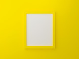 Yellow blank photo frame template on wall texture in gallery. 3d render illustration. Empty clean picture on yellow background for mockup poster and place image. Modern interior design concept.
