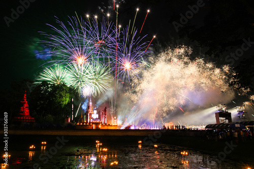 Fireworks celebrating Loi Krathong Day in Sukhothai North of Thailand :2019