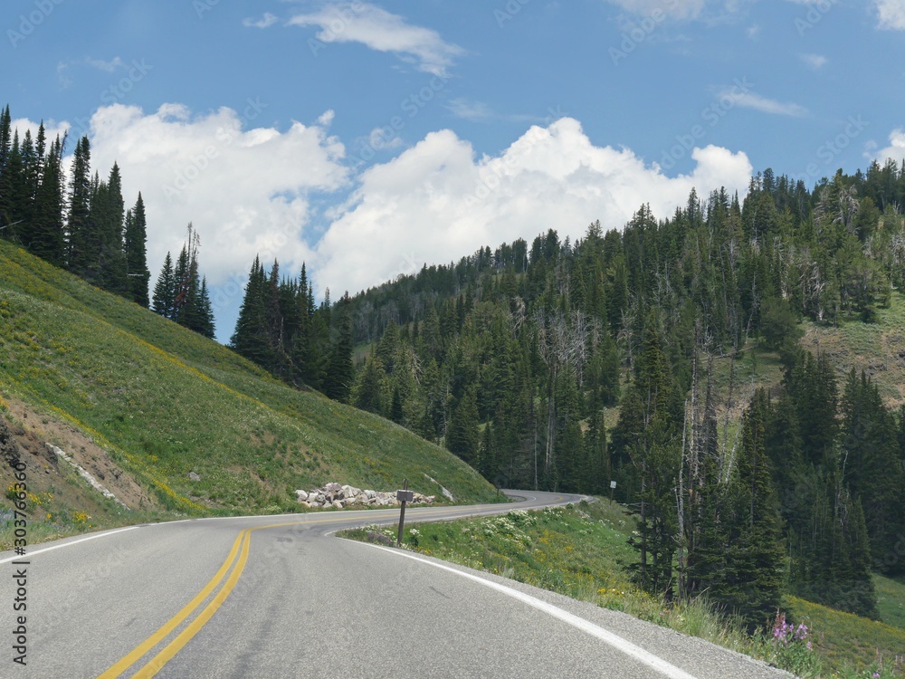 Winding road at Lamar Valley at Yellowstone National Park in Wyoming.