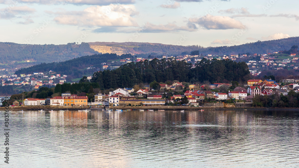 Calm Coastal Fishing Town Reflected on the Water O Seixo Mugardos Galicia