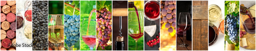 Wine Collage. A panorama of many photos of wine glasses, pouring wine, grapes at vineyards, corks, tastings, barrels, a design for a banner or flyer photo