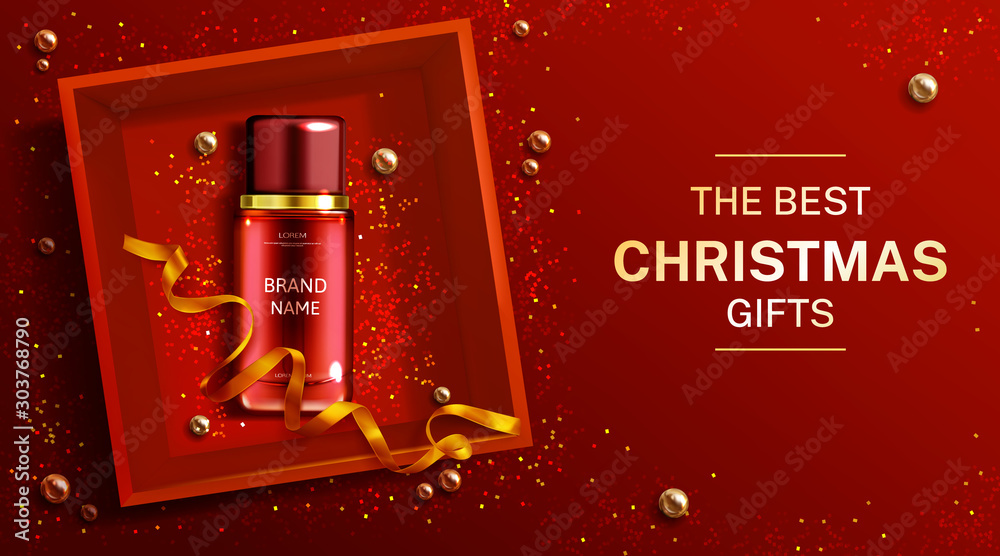 Φωτογραφία Cosmetics bottle christmas gift banner, beauty product red cosmetic tube in red box top view with gold ribbon on shiny xmas or new year background with sparkle pearls