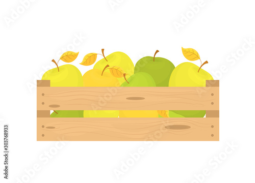 Vector box with apples flat design isolated on white background.