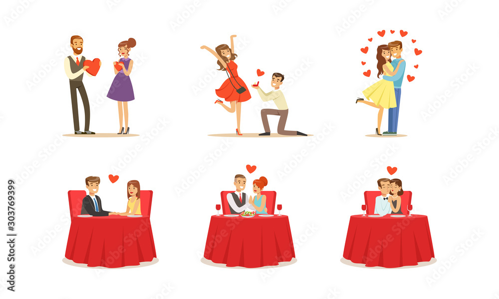 Couples On Dates Vector Illustrations Set. Young Man and Woman Embracing Each Other
