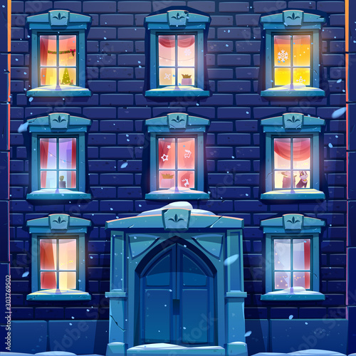 Night windows of house or castle with Christmas and New Year decoration, brick wall facade with solid wooden door, casements with paper snowflakes, garlands and fir tree. Cartoon vector illustration