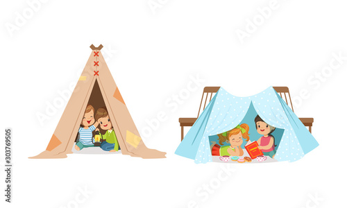 Little Children Sitting and Playing in Handmade Tent At Home Vector Set