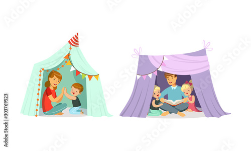 Little Children Sitting and Playing in Handmade Tent At Home Vector Set