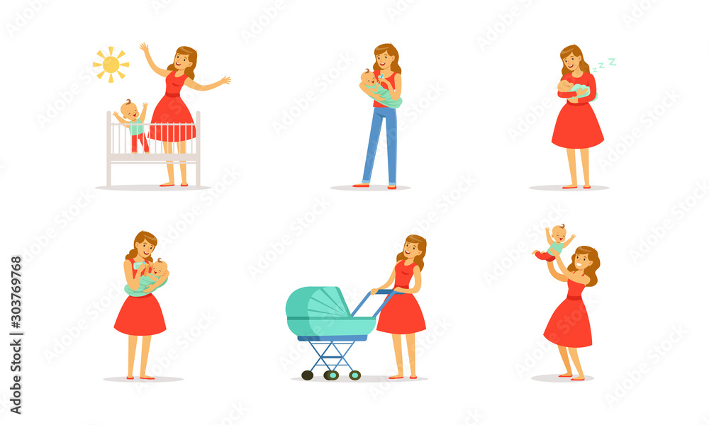 Young Mother and Her Newborn Baby Vector Illustrations