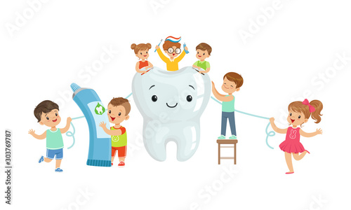 Canvas Print Little Kids Taking Care of Tooth Purity Brushing it With Toothbrush Vector Illus