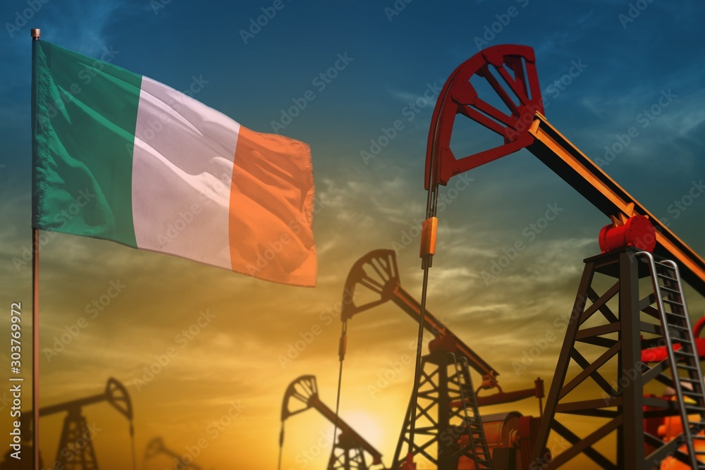 Ireland oil industry concept. Industrial illustration - Ireland flag and oil wells against the blue and yellow sunset sky background - 3D illustration