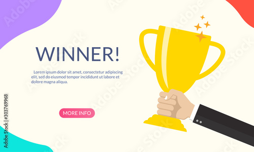 Trophy cup in hand. Banner or poster design with hand holding a winner cup. Champion prize. First place award. Victory and success concept for landing page. Vector illustration.