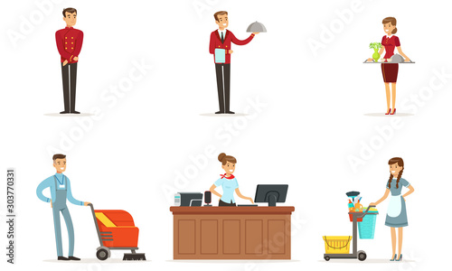Hotel Staff Vector Set. Man Working as Waiter and Administrator