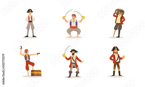 Pirate Characters Posing in Different Situations Vector Illustrations