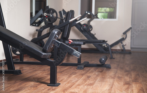  Training equipment in the gym room. Health, Energy