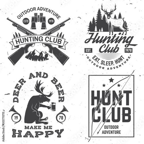 Set of Hunting club badge. Vector. Concept for shirt, label, print, stamp. Vintage typography design with hunting gun, binoculars, mountains and forest silhouette. Outdoor adventure hunt club emblem