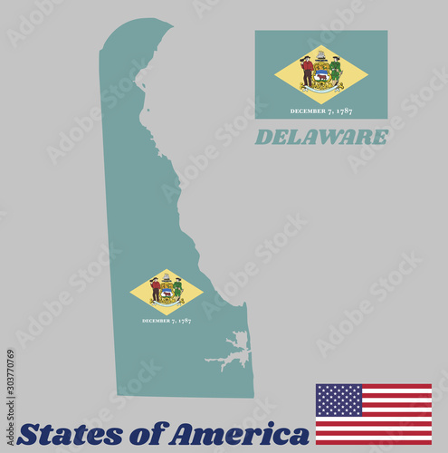 Map outline and flag of Delaware. yellow diamond shape on green with coat of arms of the state and the date December 7, 1787 below, the states of America.