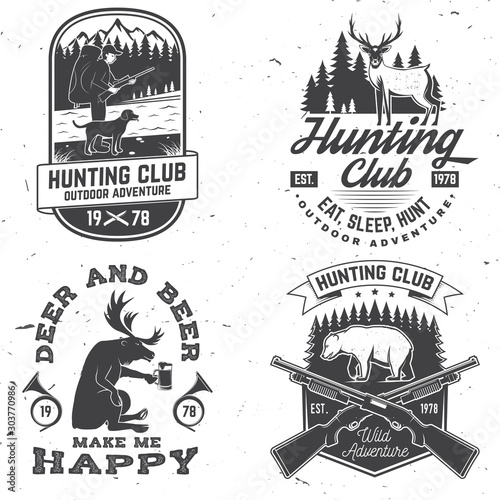 Set of Hunting club badge. Vector Concept for shirt, label, print, stamp. Vintage typography design with hunting gun, hunter, bear, deer, mountains and forest. Outdoor adventure hunt club emblem