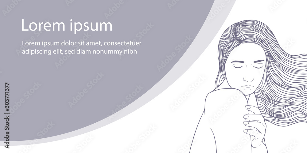 Background with a pensive girl in sketch style. Vector illustration for banner, site, lending and social network covers