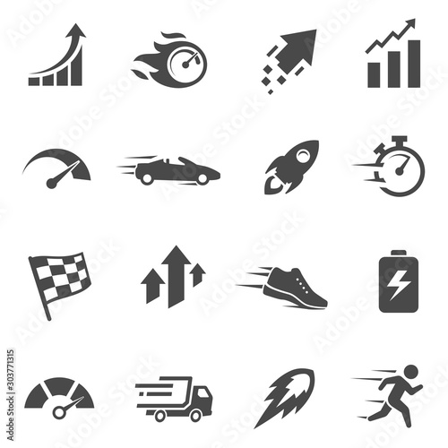 Speed and performance black and white glyph icons set