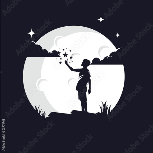 Kids Reaching Stars with Moon Background Logo Template