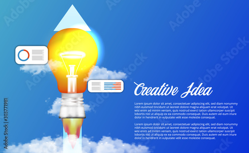 3D lamp light with fire boost flying launch. Creative idea concept.