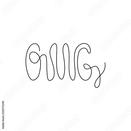 OMG hand lettering small tattoo, inscription, continuous line drawing, print for clothes, t-shirt, emblem or logo design, one single line on a white background, isolated vector illustration.