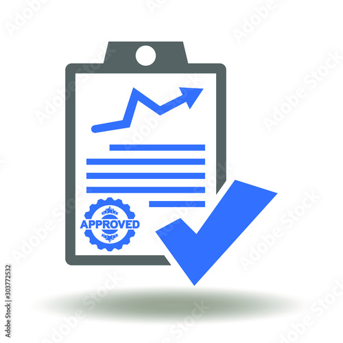 Clipboard check mark graph approved stamp icon vector. Document auditing scrutiny annual verification logo. Clip board quality success sign.