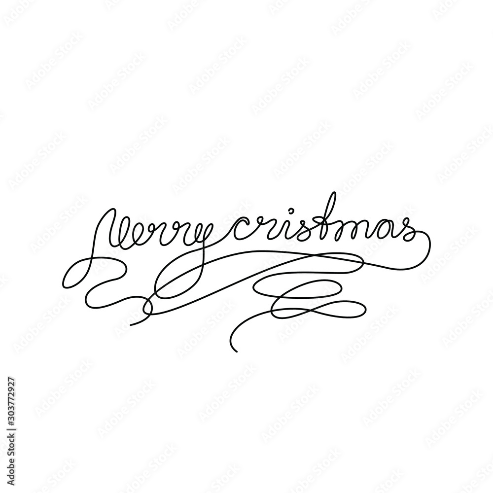 Merry Christmas lettering, emblem or logo design, greeting card or invitation, continuous line drawing, neon, banner, poster, flyers, marketing, one single line on white background, isolated vector.