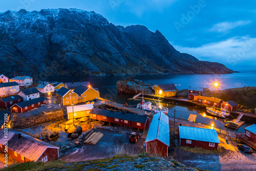 night scene of nufjord town in lofoten islands