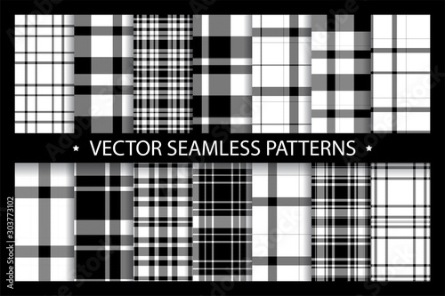 Plaid pattern seamless ornate. Set black white vector background. Fabric texture collection.