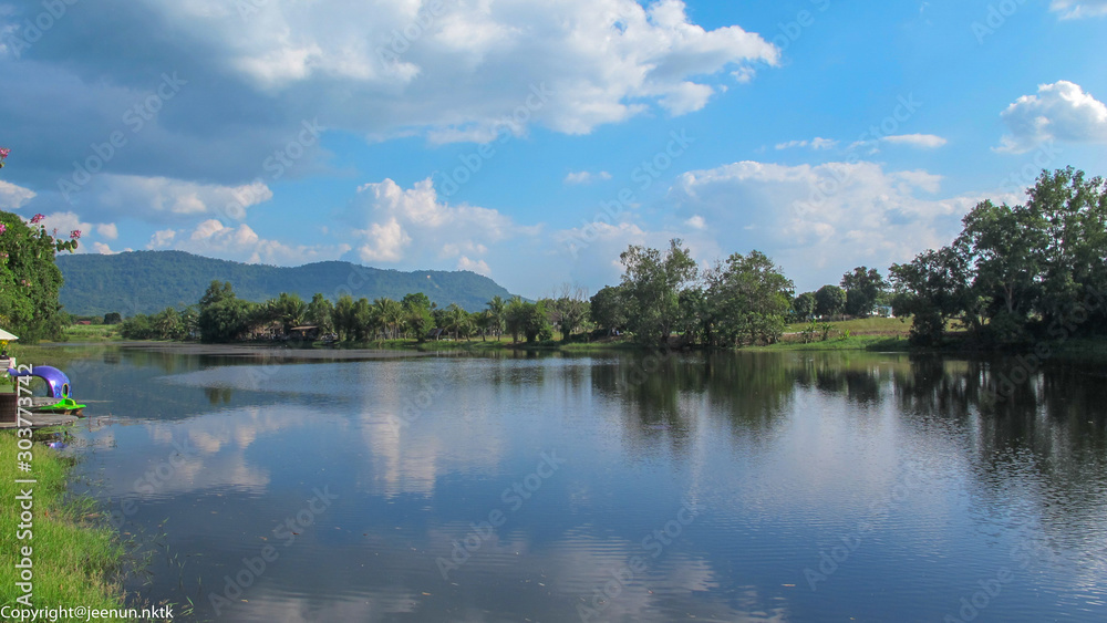 landscape with lake and blue sky in thailand