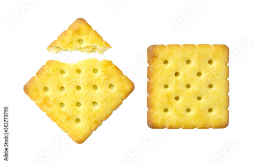 Two crackers isolated on white background. Close up shot. Top view.