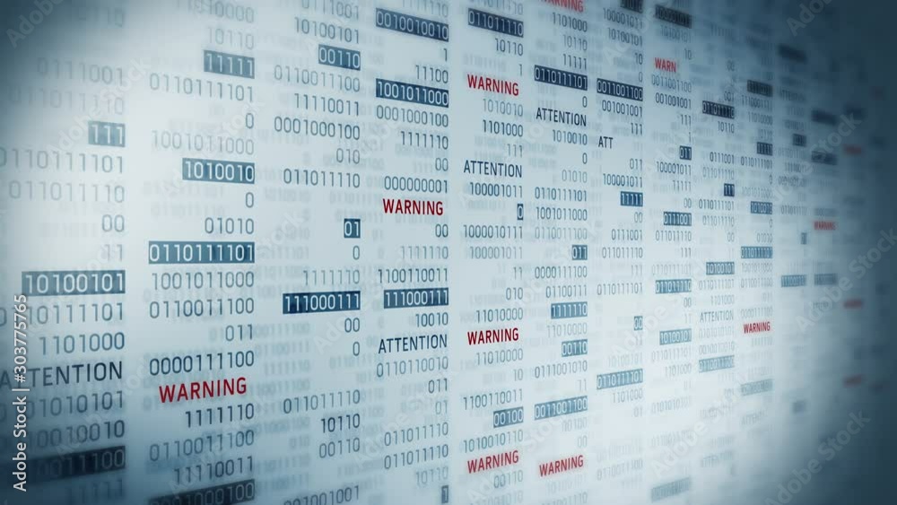 Warning and Attention message with binary numbers. Web online with digital technology loop animation. Computer network problem error concept.