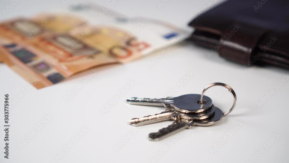 Shiny new apartment keys with euro banknotes and wallet on a white background. Buying or renting an apartment in an agency Shiny new apartment keys with euro banknotes and wallet on a white background. Buying or renting an apartment in an agency