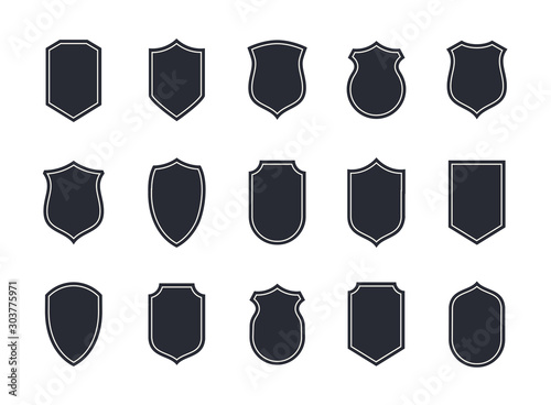 Shield blank emblems. Heraldic shields, security black labels. Knight award, medieval royal vintage badges isolated vector.
