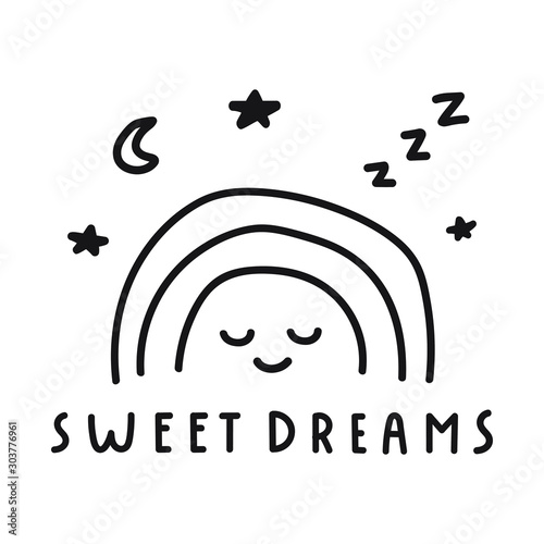 Sleeping rainbow. Sweet dreams.  Vector illustration for greeting card, t shirt, print, stickers, posters design on white background.