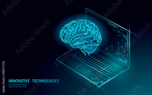 Virtual assistant voice recognition service technology. AI artificial intelligence robot support. Chatbot brain on laptop system low poly vector illustration