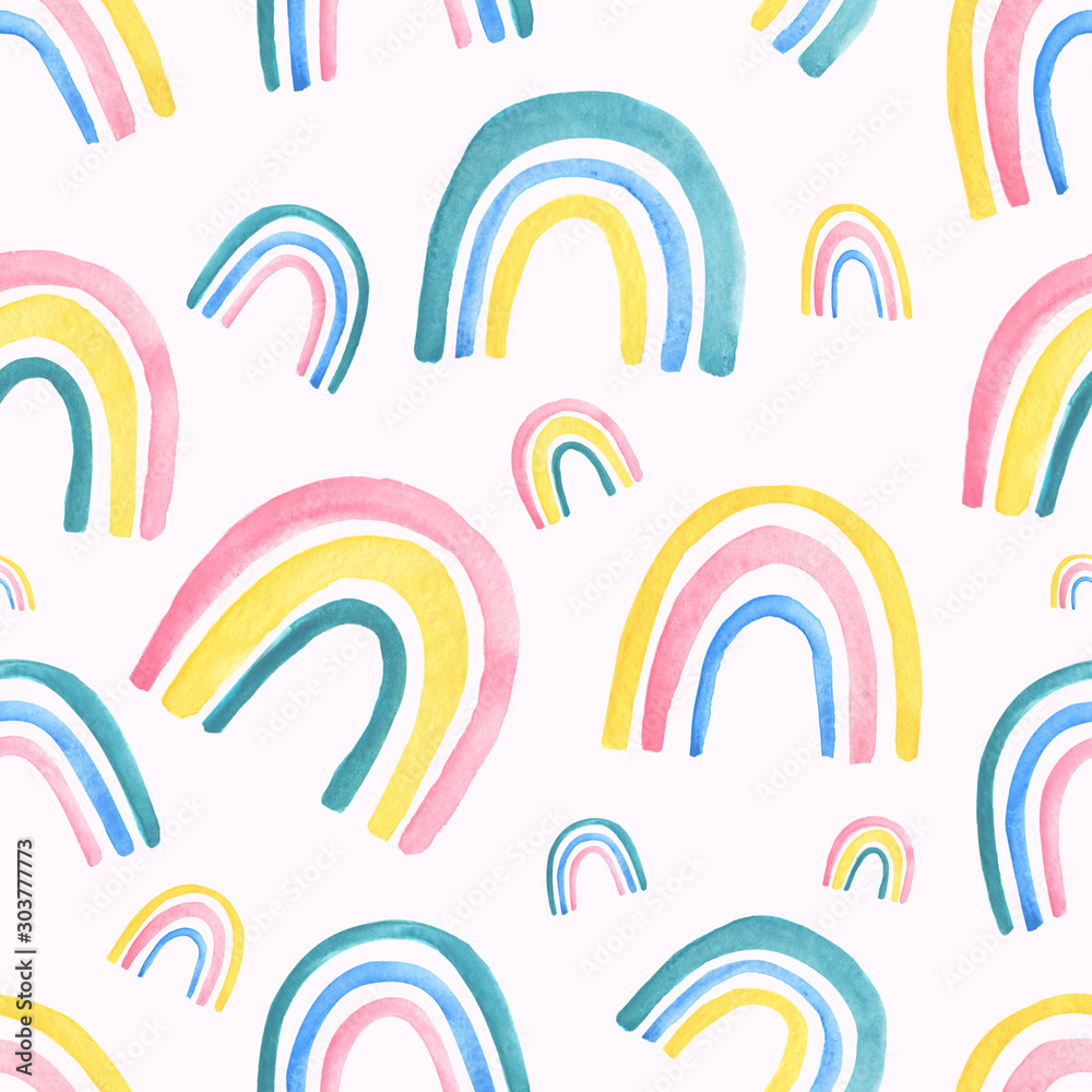 Fototapeta premium Childish style watercolor rainbow seamless pattern for kids wear. Hand drawn rainbow design for children fabric, wrapping, textile, wall. Trendy kids background.