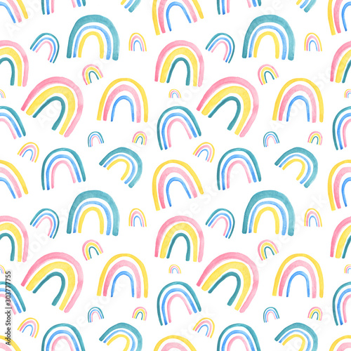 Childish style watercolor rainbow seamless pattern for kids wear. Hand drawn rainbow design for children fabric, wrapping, textile, wall. Trendy kids background.