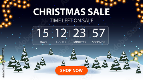 Christmas sale, discount banner with cartoon winter forest, starry sky, timer with reverse report and button