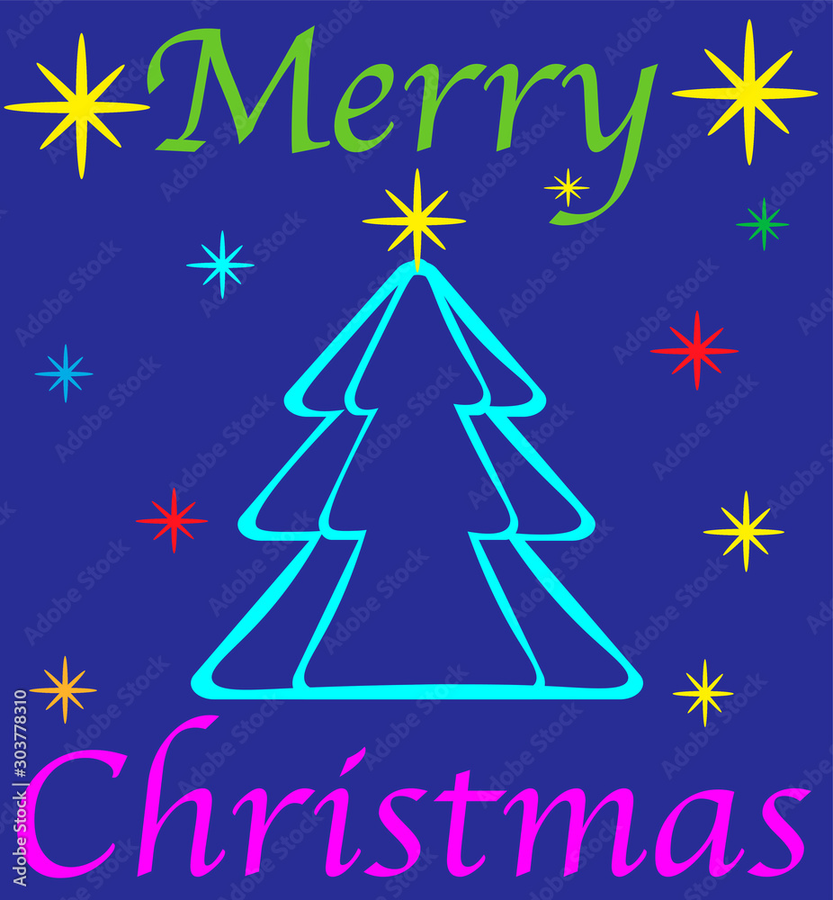 Greeting card with Christmas tree and words Merry Christmas