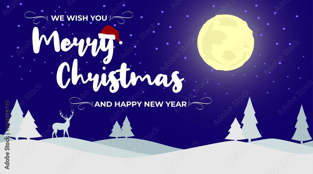 Naklejka merry christmas greeting card banner with full moon, deer, tree, and santa hat vector for poster, invitation and flyer